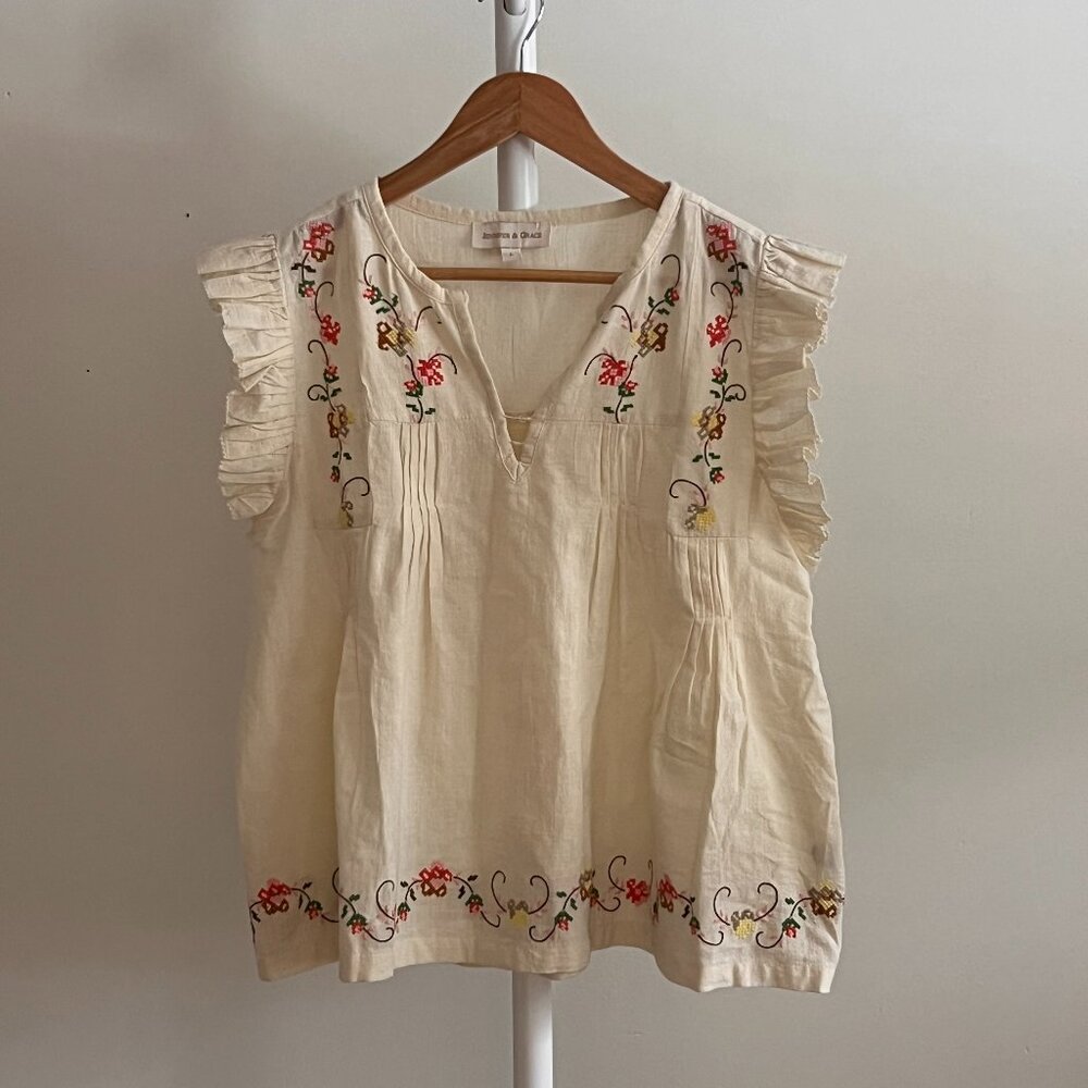 Embroidered Cream Flutter Sleeve Peasant Tank